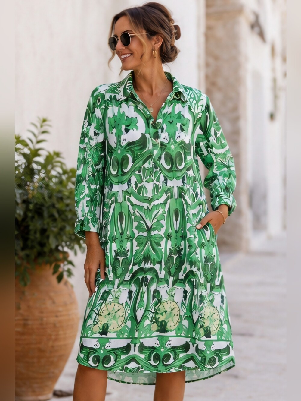 Antica Sartoria by Giacomo Cinque Green Cotton Caftan Shirt Dress L Italy